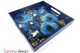 Blue square lacquer tray hand-painted with lotus pond 30 cm